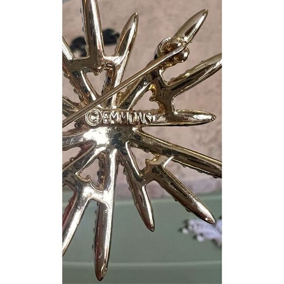 Vintage Emmons Womens Silver Rhinestone Starburst Aurora Borealis Pearl Brooch - Picture 5 of 7